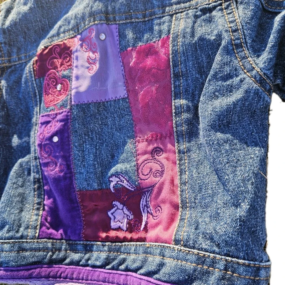 Vintage Y2K Mary‎ Kate Ashley Denim Patchwork Embroidered Girls Jacket Velvet 4t